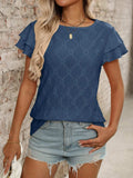 Eyelet Round Neck Double Layered Ruffled Short Sleeve Top - Trendsi - Flyclothing LLC