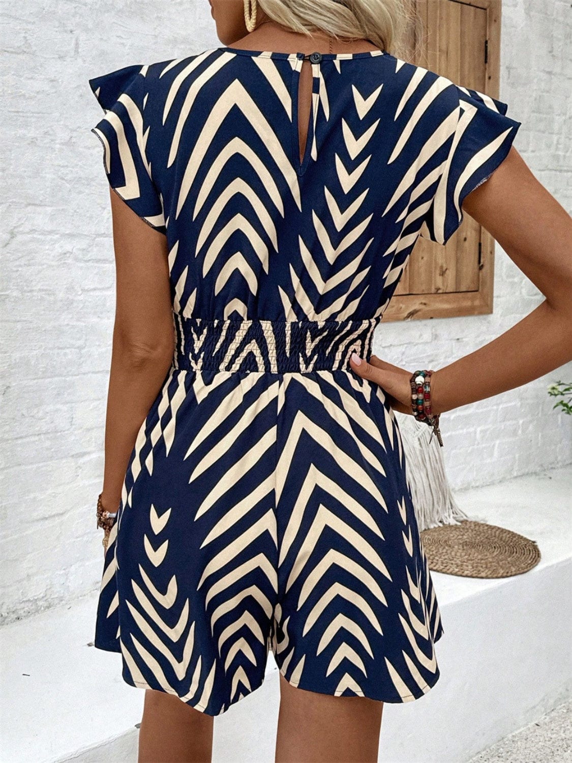 Printed Surplice Cap Sleeve Romper - Trendsi
