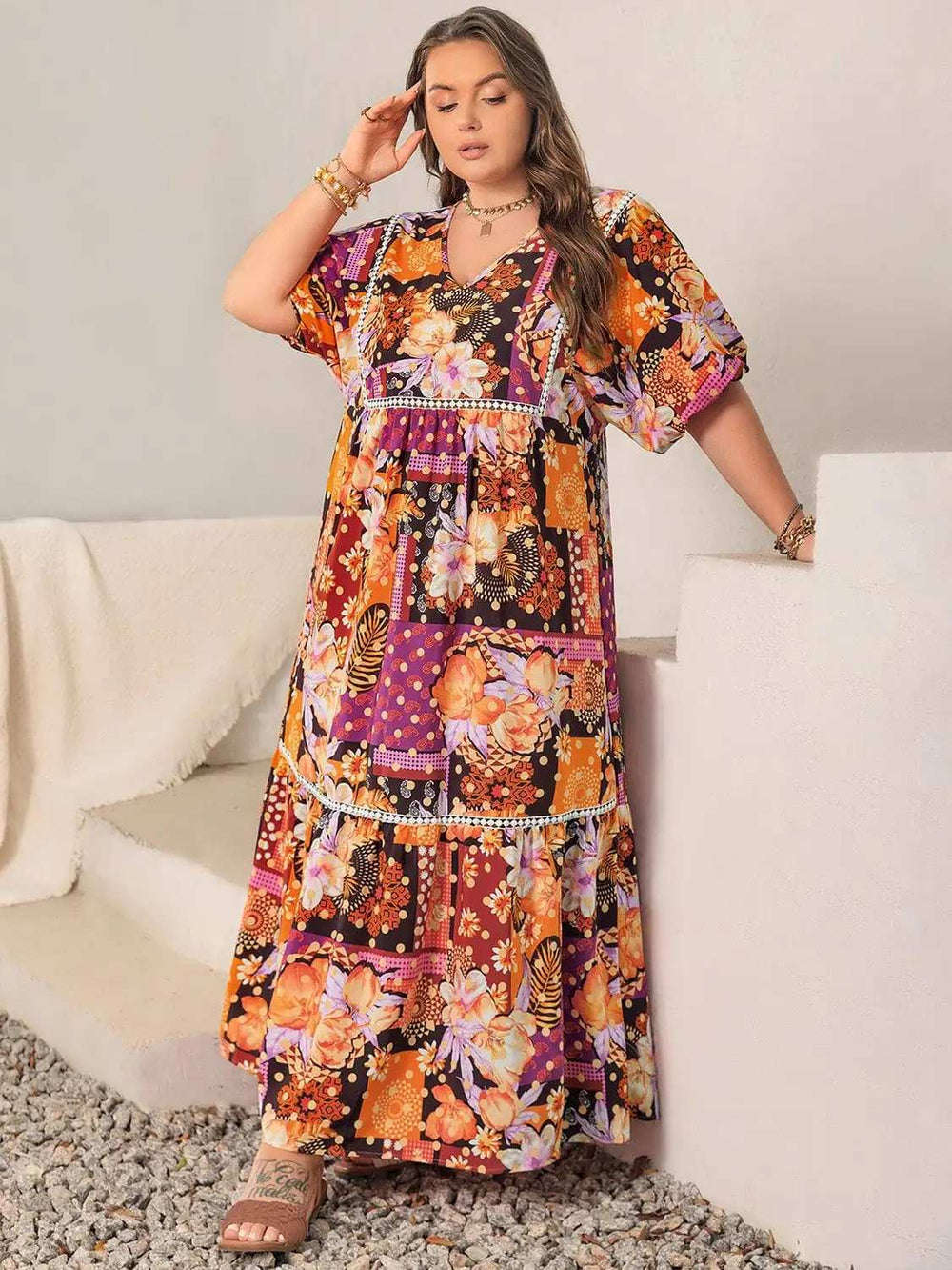 Plus Size Printed V-Neck Half Sleeve Maxi Dress - Trendsi - Flyclothing LLC