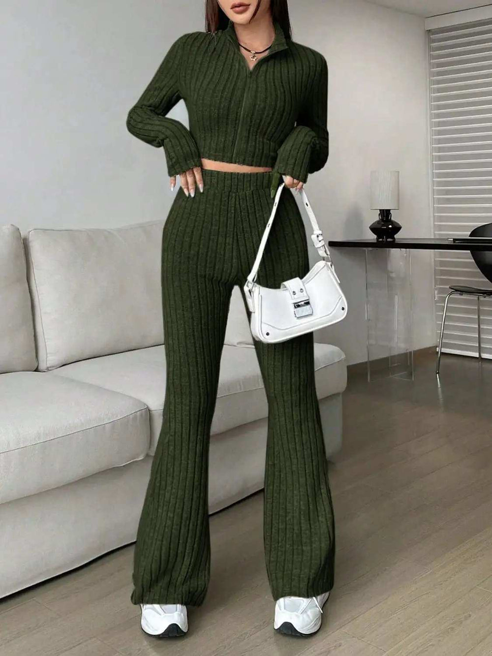 Zip Up Long Sleeve Top and Pants Set - Trendsi - Flyclothing LLC