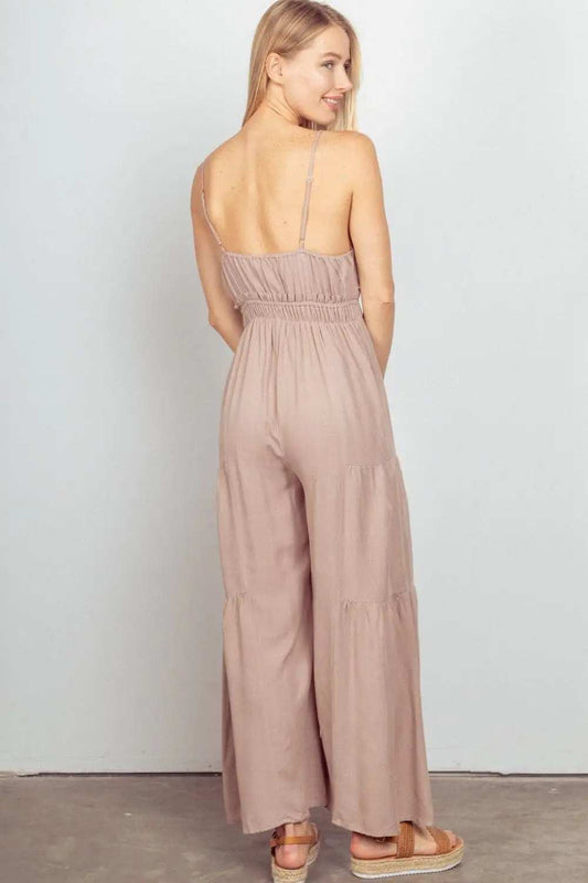VERY J Sleeveless Ruched Wide Leg Jumpsuit - Trendsi - Flyclothing LLC