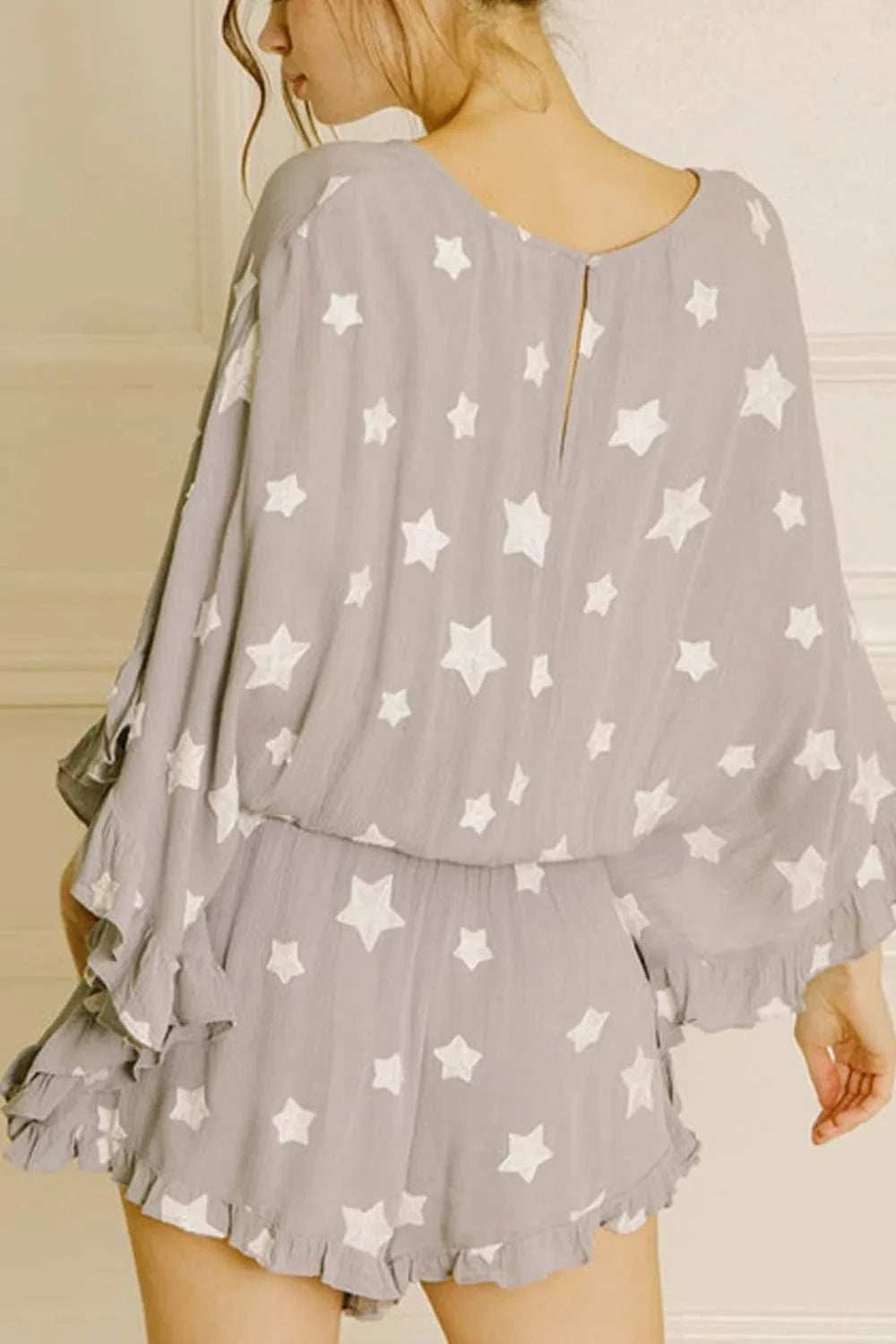 Star Print Crinkle Textured Kimono Ruffle Sleeve Romper - Trendsi - Flyclothing LLC