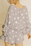 Star Print Crinkle Textured Kimono Ruffle Sleeve Romper - Trendsi