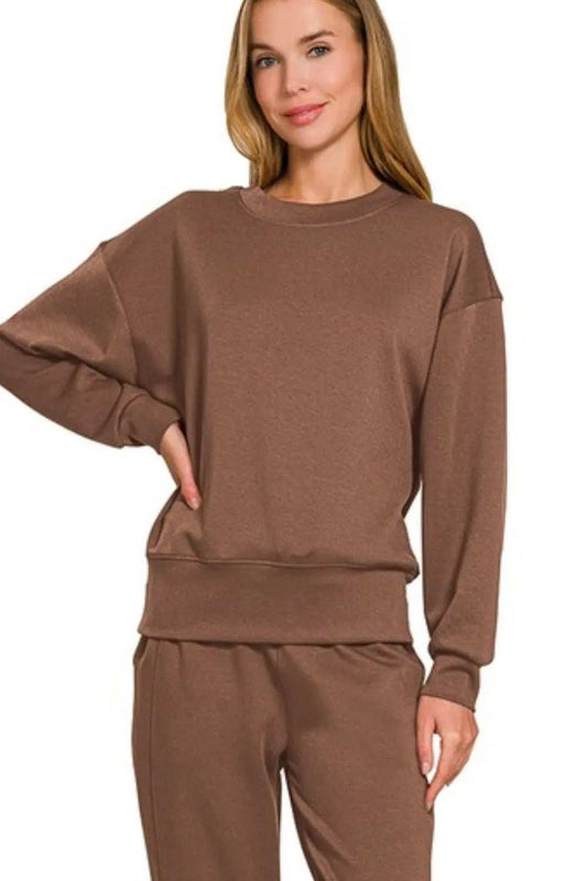 Zenana Scuba Crewneck Pullover & Joggers 2 Pieces Set - Trendsi - Flyclothing LLC
