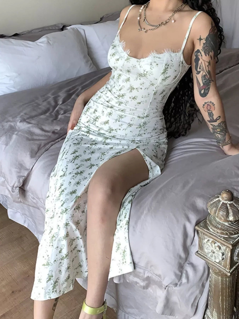 Floral Print Lace Trim Slit Midi Dress - Trendsi - Flyclothing LLC