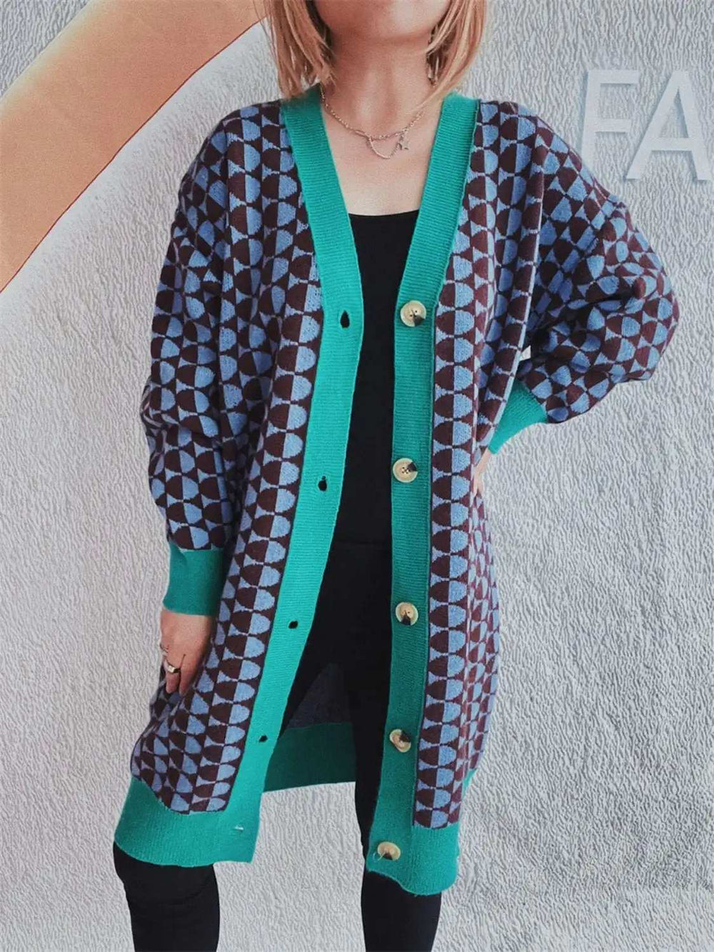 Contrast Trim Geometric Button Down Cardigan - Trendsi - Flyclothing LLC