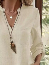 Casual V-Neck Roll-Sleeve T-Shirt with Pocket - Trendsi - Flyclothing LLC