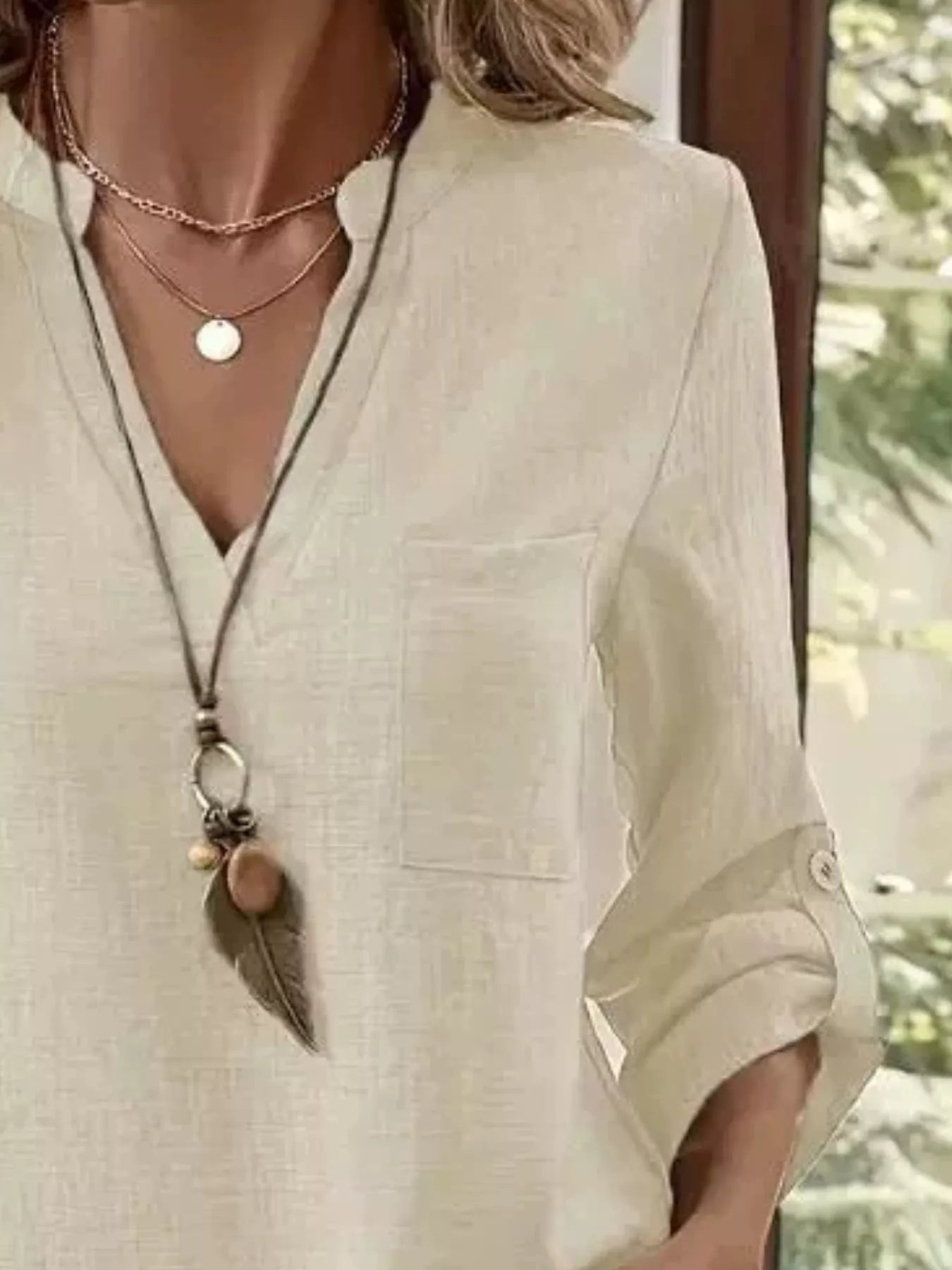 Casual V-Neck Roll-Sleeve T-Shirt with Pocket - Trendsi - Flyclothing LLC