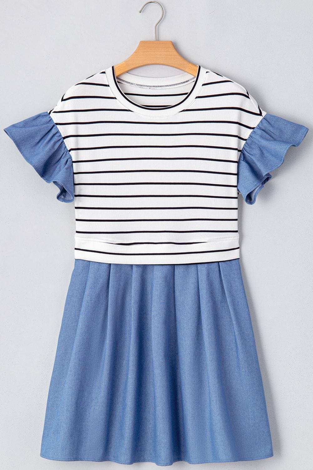 Stripe Ruffle Denim Patchwork Round Neck Mini Dress - Trendsi - Flyclothing LLC