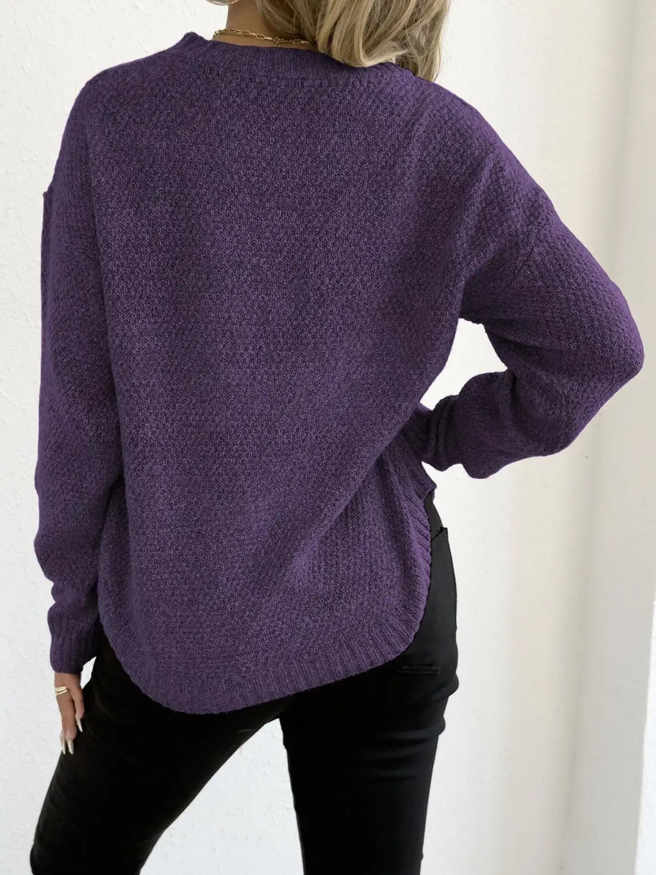 Textured Knit Relaxed Fit Round Neck Sweater - Trendsi - Flyclothing LLC