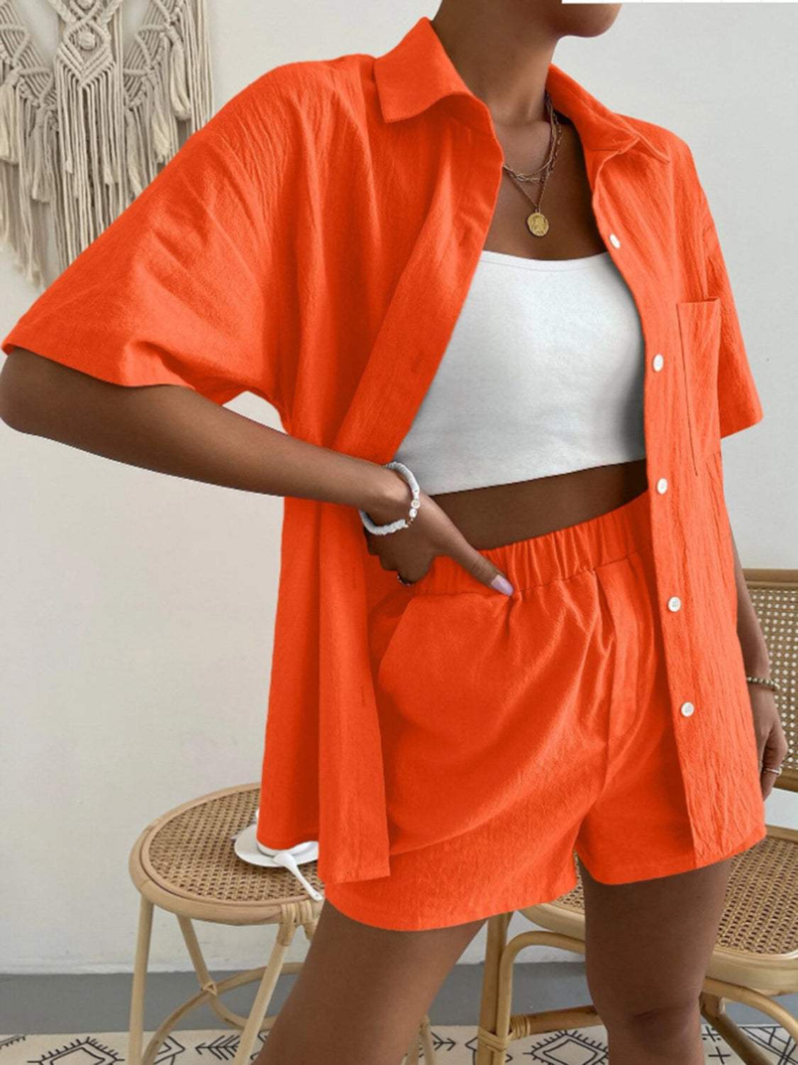 Button Up Short Sleeve Shirt and Shorts Set - Trendsi - Flyclothing LLC