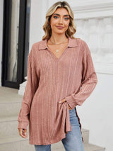 Slit Johnny Collar Long Sleeve T-Shirt - Trendsi - Flyclothing LLC