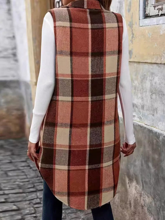 Plaid Button Up Vest Coat - Trendsi