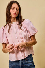 SO ME Gingham Lace Trim Button Bubble Sleeves Blouse - Trendsi - Flyclothing LLC