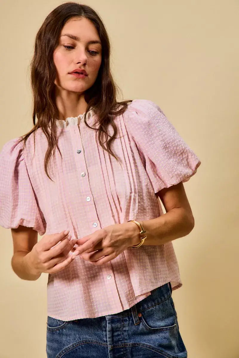 SO ME Gingham Lace Trim Button Bubble Sleeves Blouse - Trendsi - Flyclothing LLC