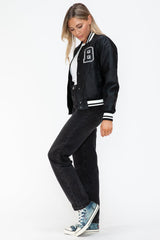 Love Me Now PU Leather Contrast Snap Down Bomber Jacket - Trendsi