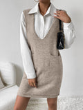 V-Neck Sleeveless Sweater Dress with Pockets - Trendsi