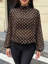 Polka Dot Mock Neck Long Sleeve Blouse - Trendsi - Flyclothing LLC
