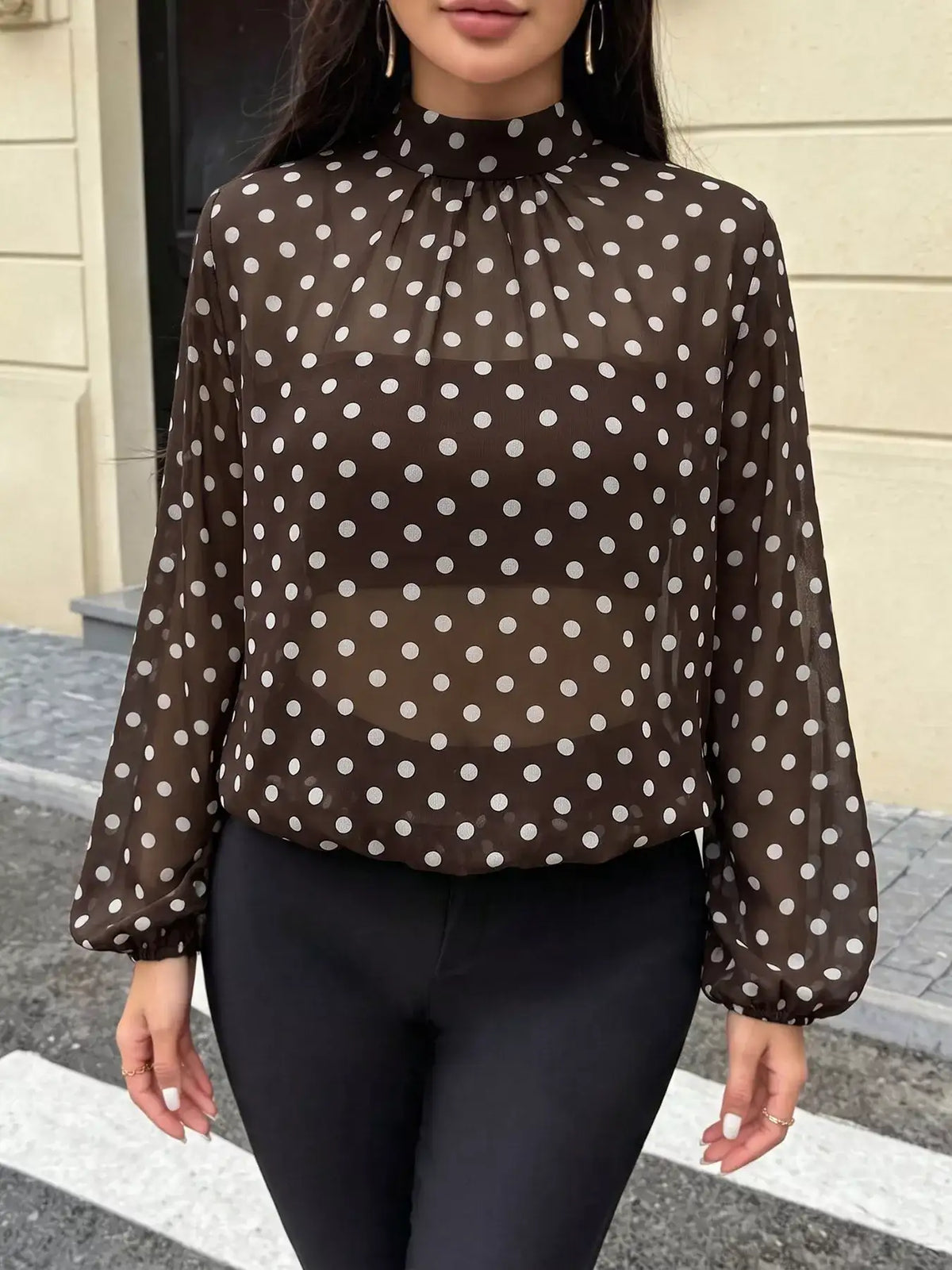 Polka Dot Mock Neck Long Sleeve Blouse - Trendsi - Flyclothing LLC