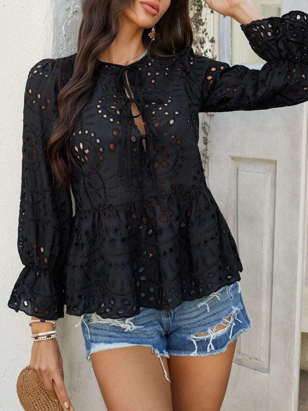 Devine Tie Front Flounce Sleeve Peplum Blouse - Trendsi - Flyclothing LLC