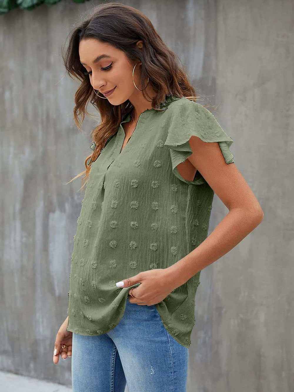 Swiss Dot Notched Flutter Sleeve Blouse - Trendsi - Flyclothing LLC