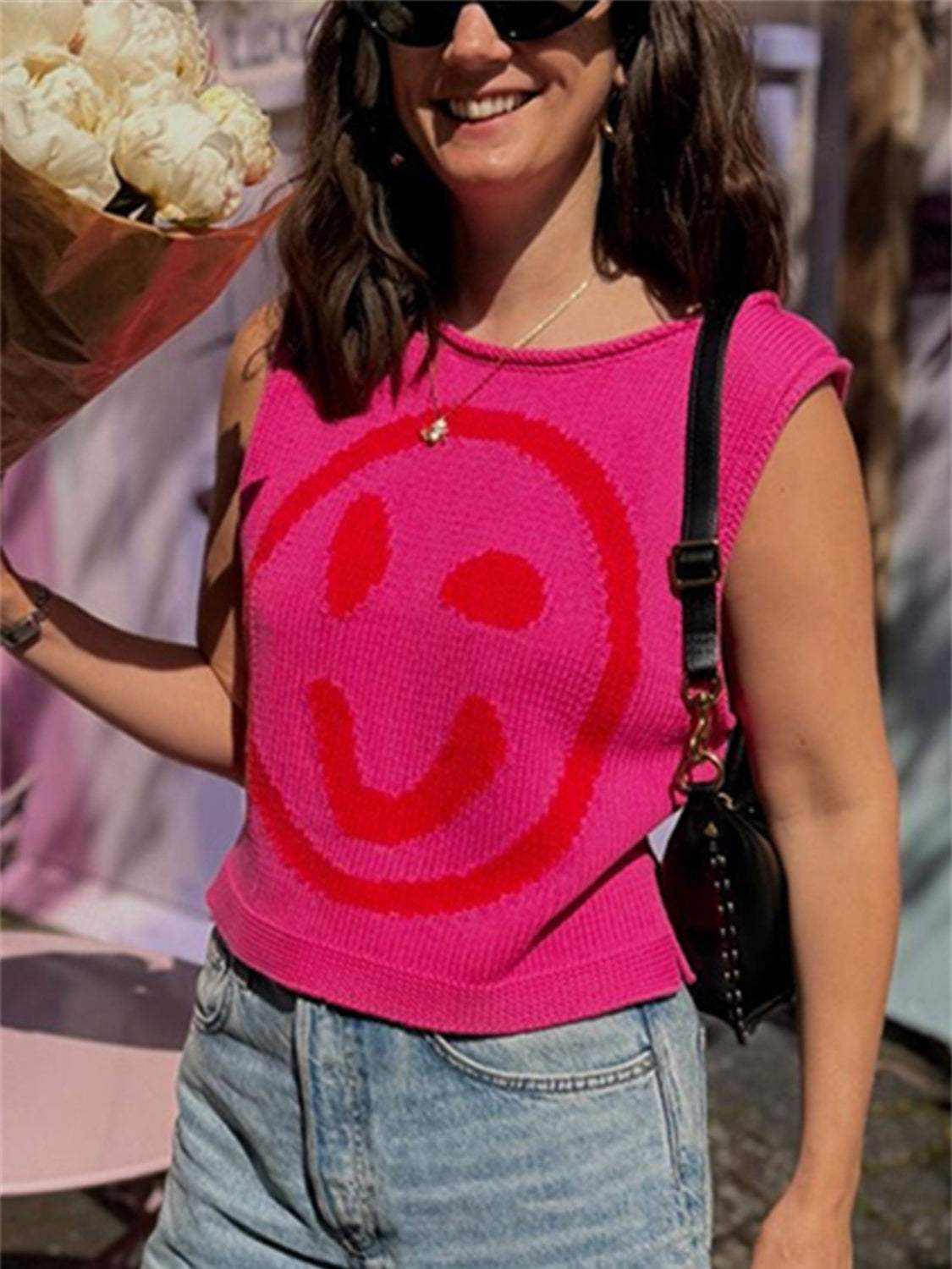 Smiley Round Neck Sweater Vest - Trendsi - Flyclothing LLC