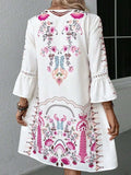 Lace Detail Printed Three-Quarter Sleeve Dress - Trendsi - Flyclothing LLC