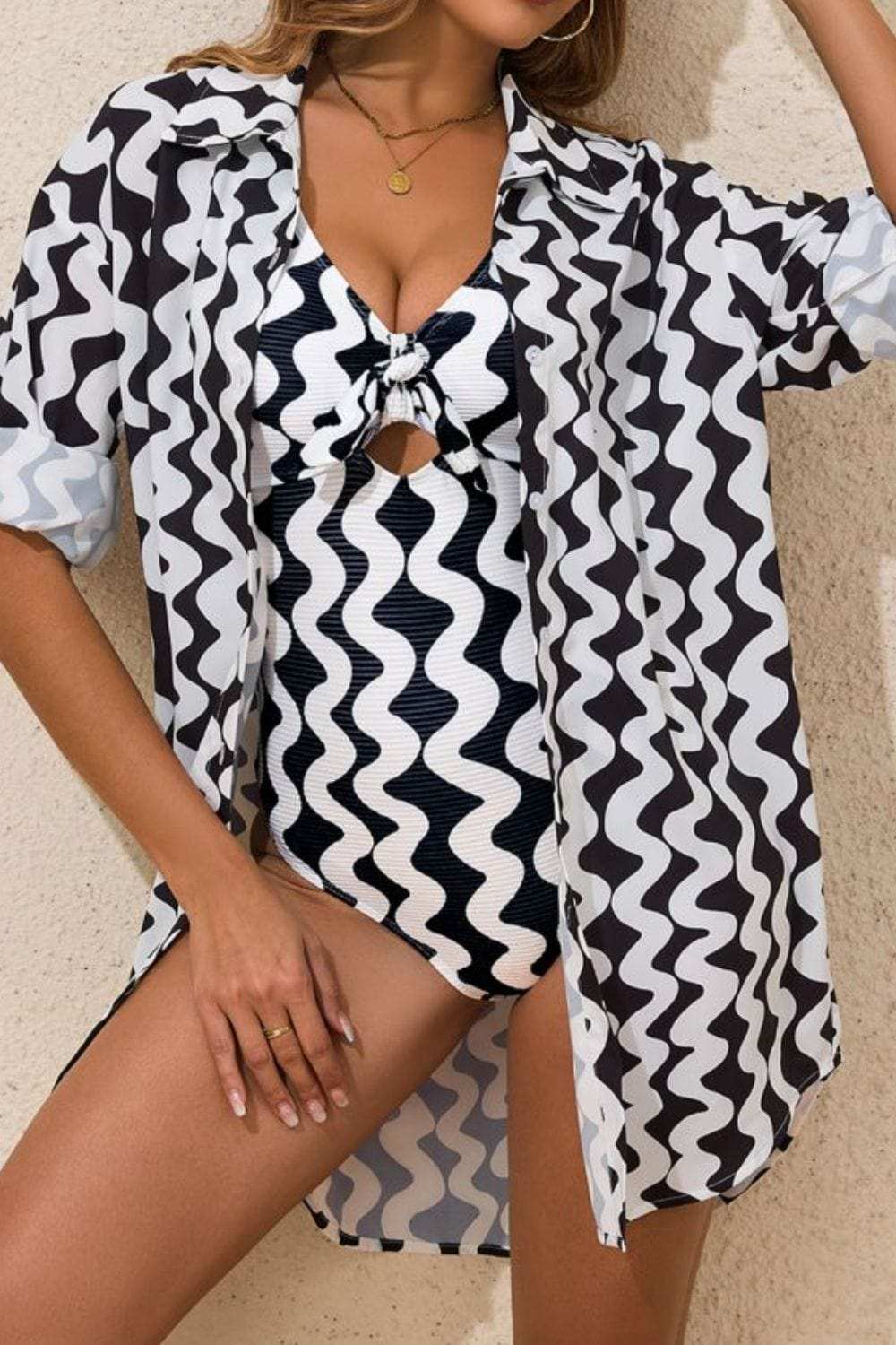 Button Down Contrast Striped Cover-Up - Trendsi - Flyclothing LLC