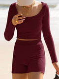 Scoop Neck Long Sleeve Top and Shorts Set - Trendsi - Flyclothing LLC