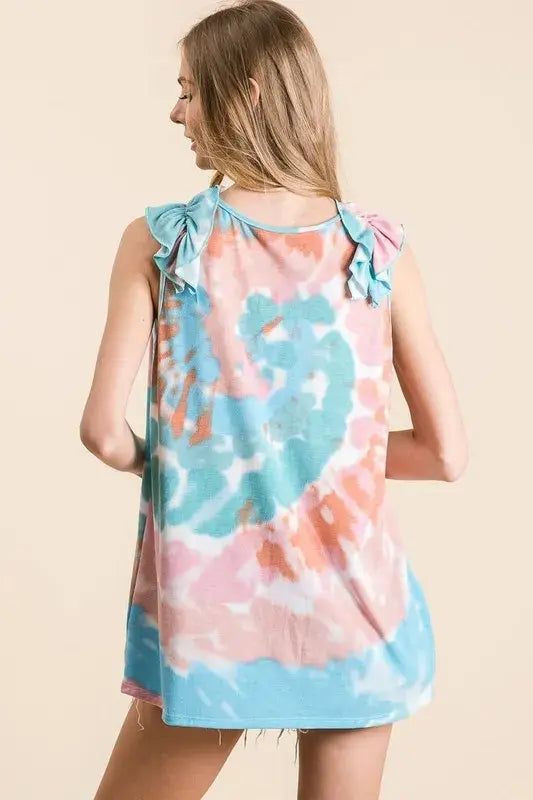 BiBi Circular Tie Dye Knit V Neck Top With Ruffle - Trendsi - Flyclothing LLC