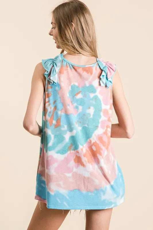 BiBi Circular Tie Dye Knit V Neck Top With Ruffle - Trendsi - Flyclothing LLC