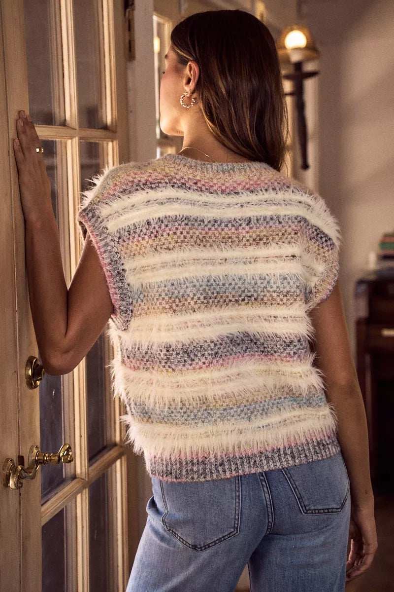 SO ME Soft Fuzzy Multi Color Stripe Cozy Sweater Top - Trendsi - Flyclothing LLC