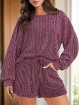 Round Neck Dropped Shoulder Top and Shorts Set - Trendsi - Flyclothing LLC