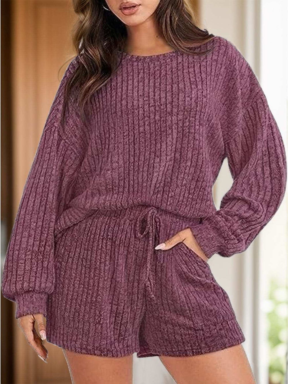 Round Neck Dropped Shoulder Top and Shorts Set - Trendsi - Flyclothing LLC