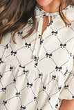 Bow Print Tie Neck Half Sleeve Dress - Trendsi