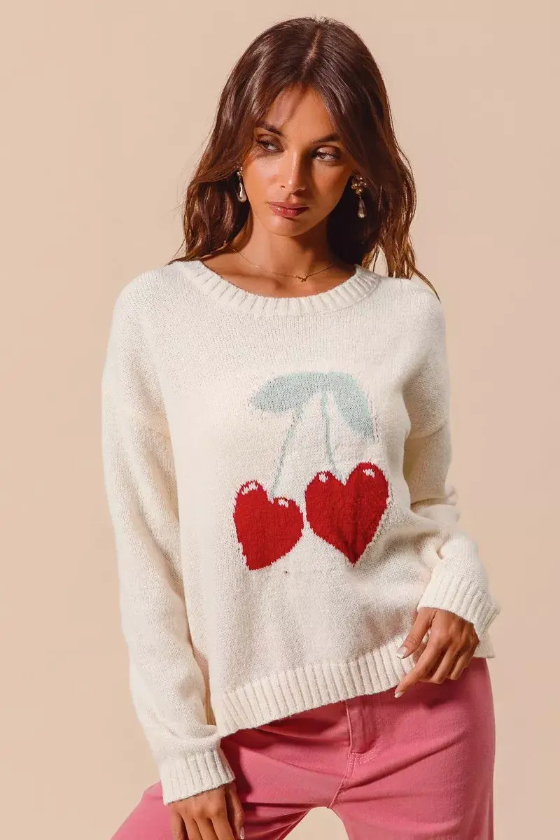 SO ME Heart Cherry Knitted Valentine Sweater Top - Trendsi - Flyclothing LLC