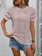 Full Size Eyelet Round Neck Short Sleeve Top - Trendsi