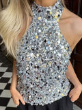 Devine Sequin Halter Neck Tank - Trendsi