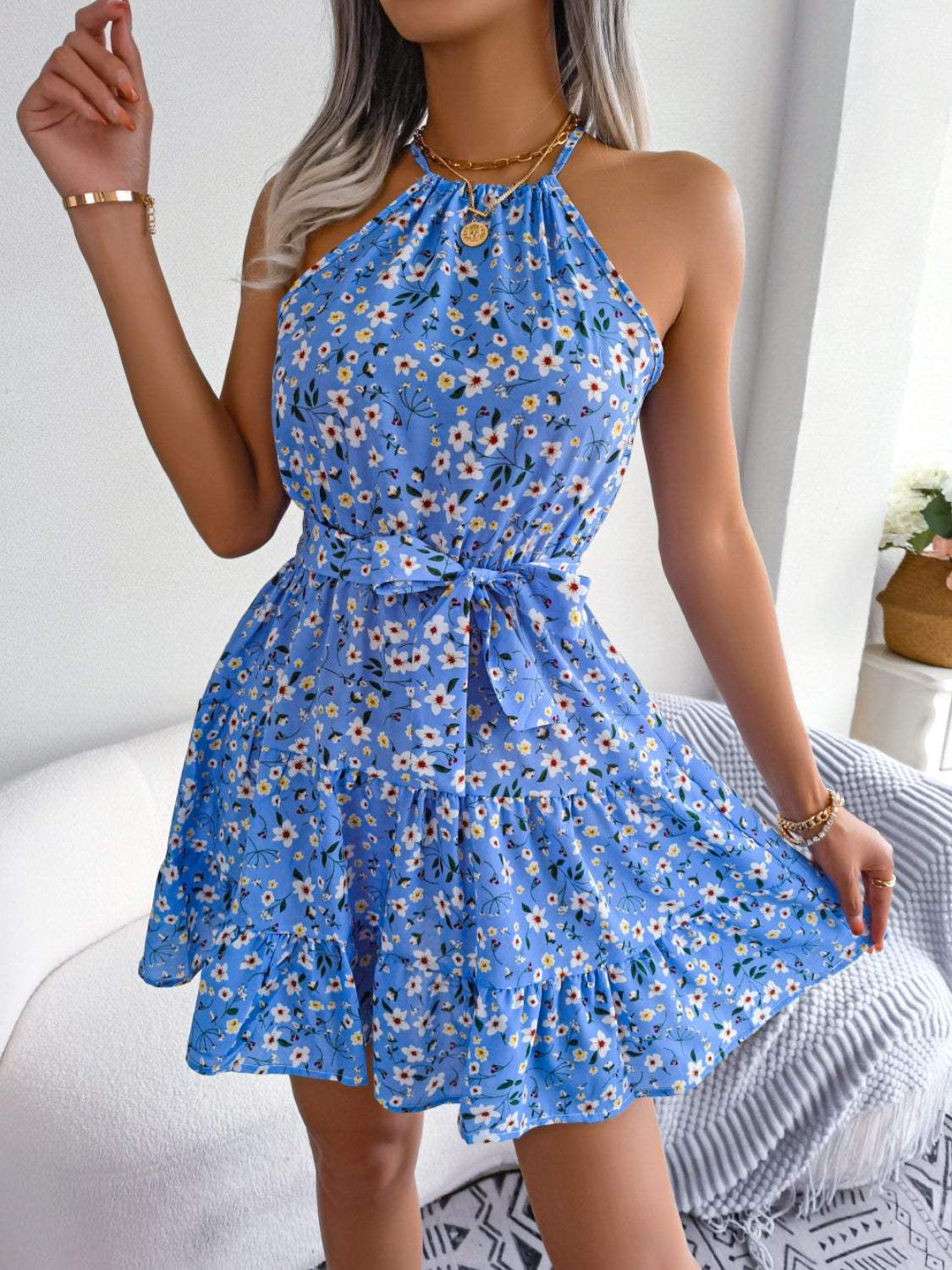 Tied Printed Grecian Neck Mini Dress - Trendsi - Flyclothing LLC