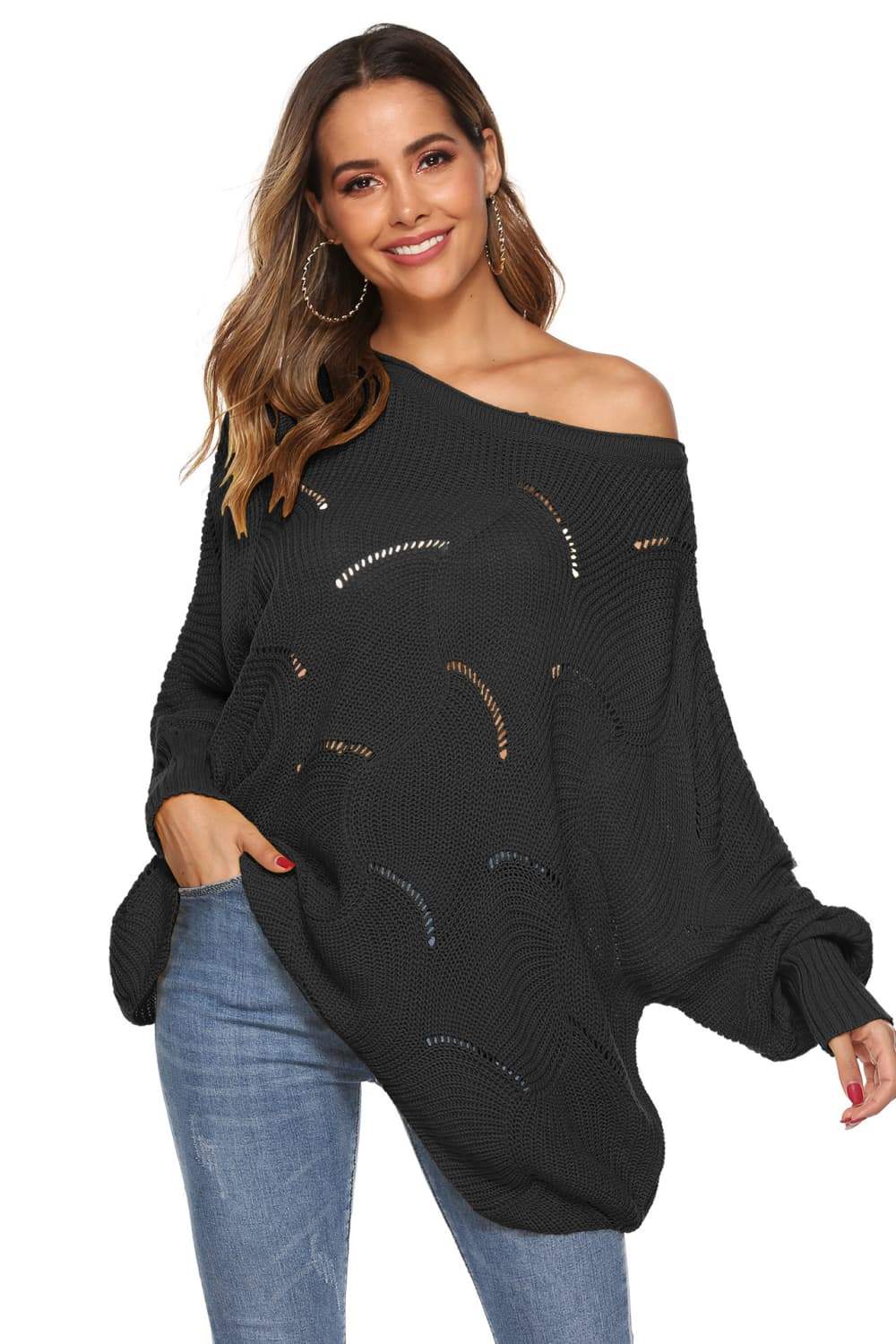 Round Neck Long Sleeve Openwork Sweater - Trendsi - Flyclothing LLC