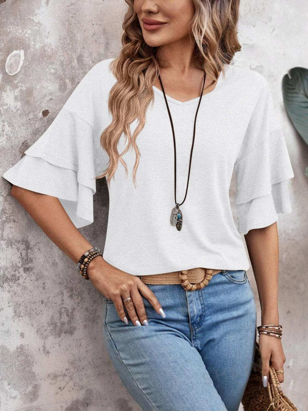 V-Neck Half Sleeve Blouse - Trendsi - Flyclothing LLC