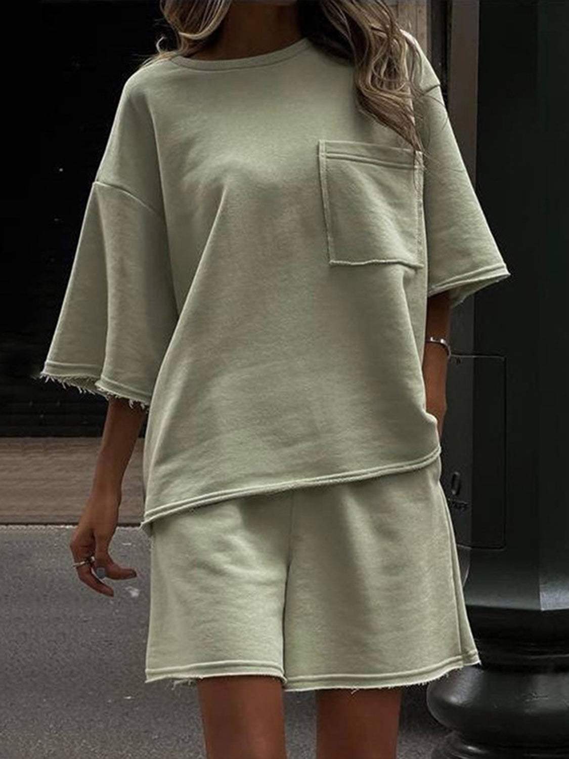 Pocketed Round Neck Half Sleeve Top and Shorts Set - Trendsi - Flyclothing LLC