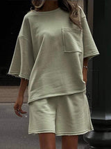 Pocketed Round Neck Half Sleeve Top and Shorts Set - Trendsi - Flyclothing LLC