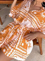 Printed Tie Waist Half Sleeve Romper - Trendsi - Flyclothing LLC