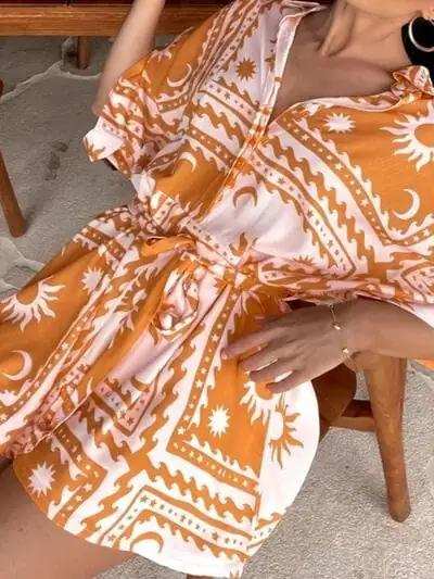 Printed Tie Waist Half Sleeve Romper - Trendsi - Flyclothing LLC