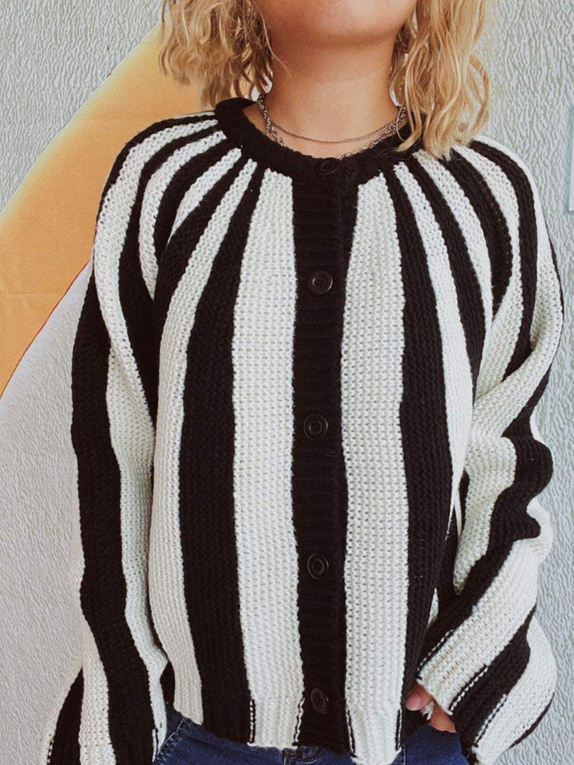 Contrast Stripes Button Down Long Sleeve Cardigan - Trendsi - Flyclothing LLC