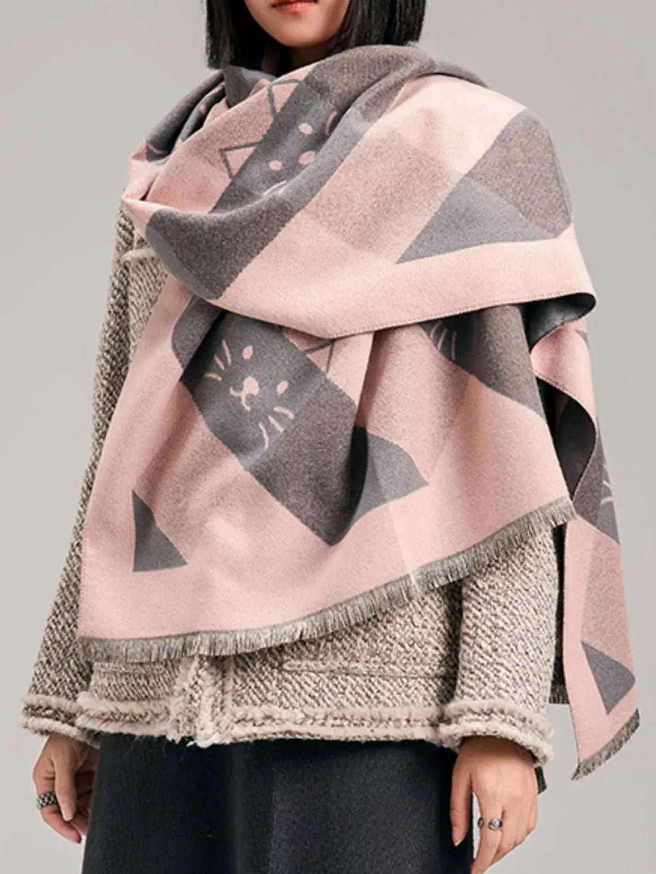 Cute Cat Pattern Plaid Raw Hem Scarf - Trendsi - Flyclothing LLC