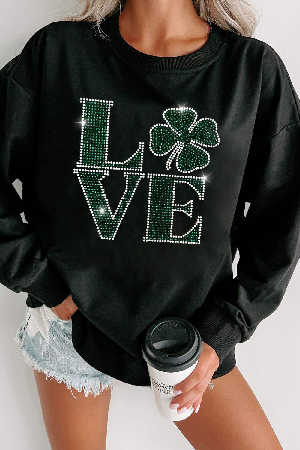 LOVE Rhinestone Clover Round Neck Sweatshirt - Trendsi - Flyclothing LLC