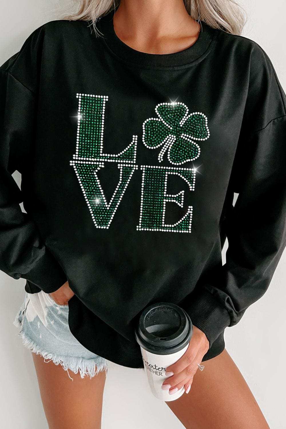 LOVE Rhinestone Clover Round Neck Sweatshirt - Trendsi - Flyclothing LLC
