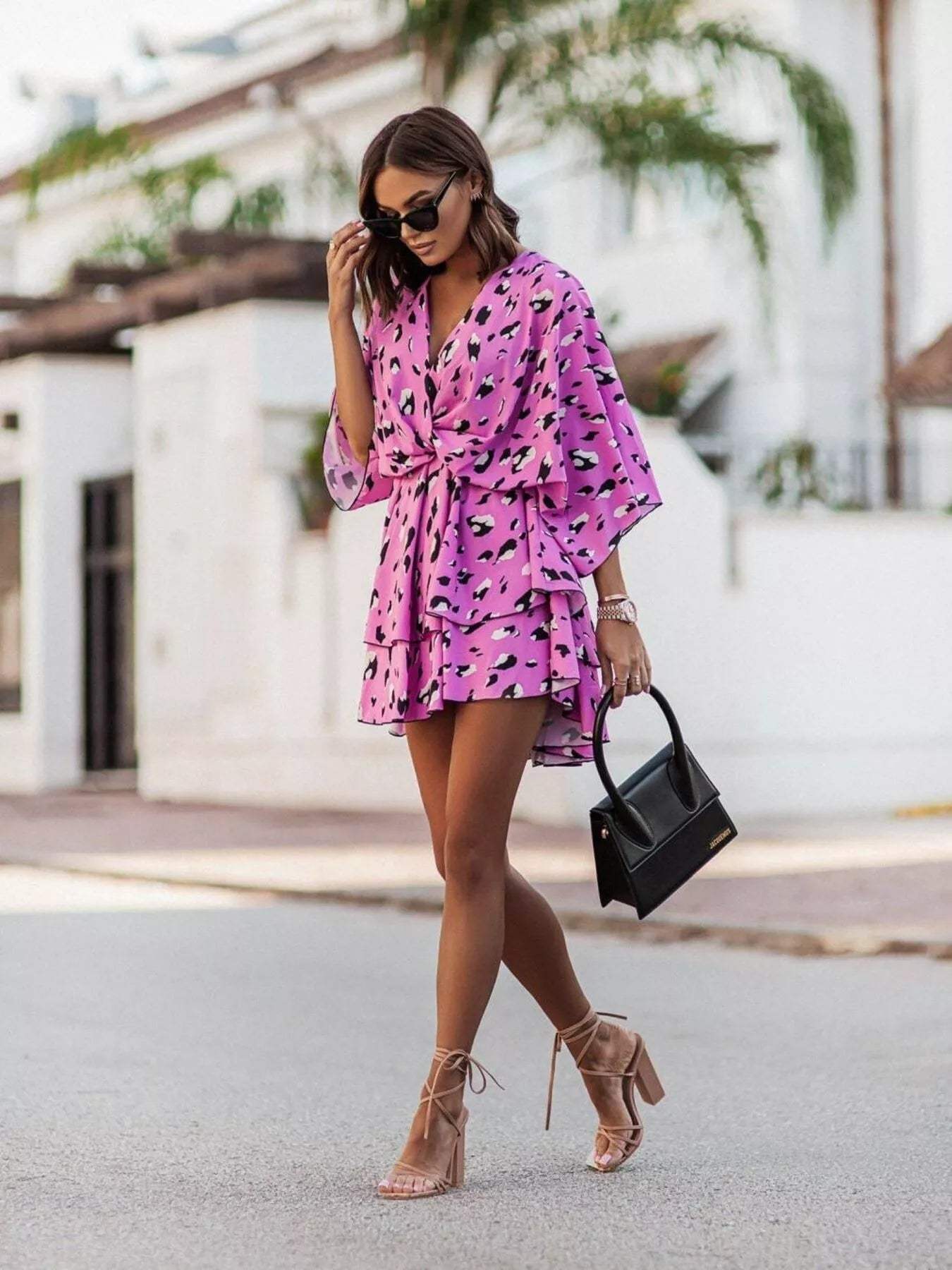 Layered Printed Surplice Mini Dress - Trendsi - Flyclothing LLC